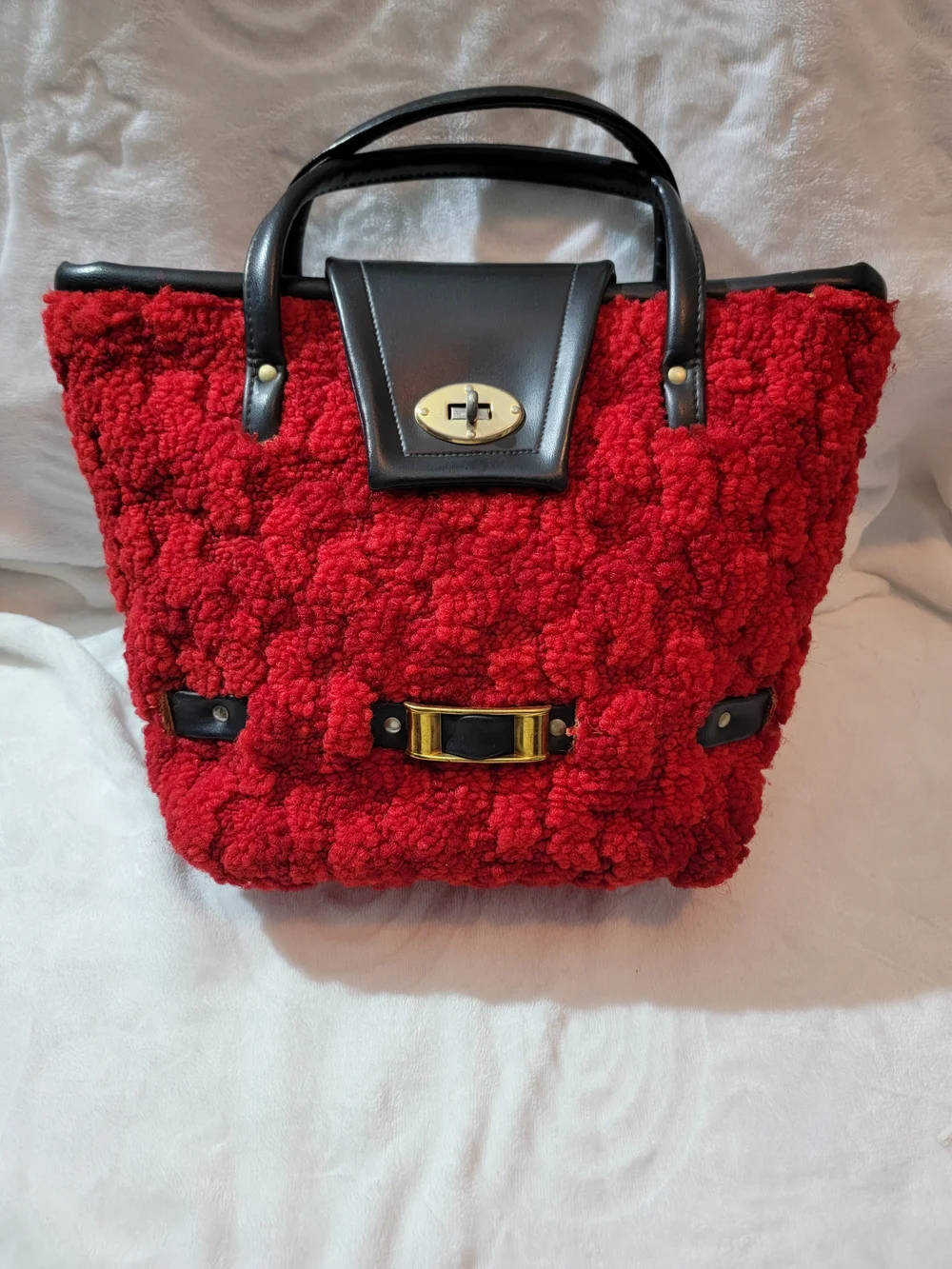 Vintage 60's Carpet Red Faux Shearling  Bag with Black Trim